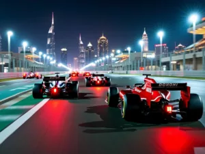 F1 cars racing at night in Abu Dhabi