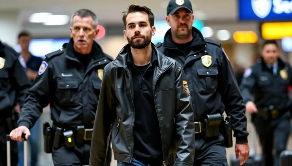 Man in handcuffs surrounded by airport security personnel.