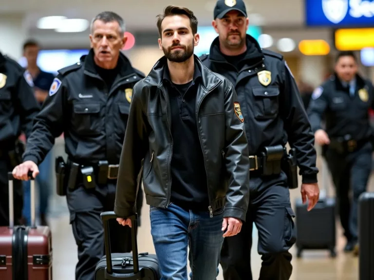 Man in handcuffs surrounded by airport security personnel.