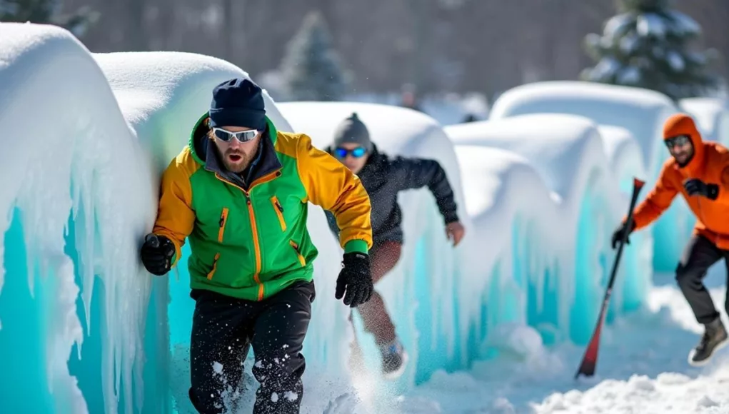 Athletes tackling an ice obstacle course in winter gear.