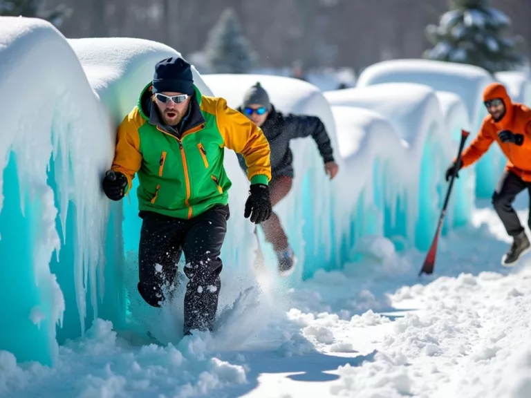 Athletes tackling an ice obstacle course in winter gear.