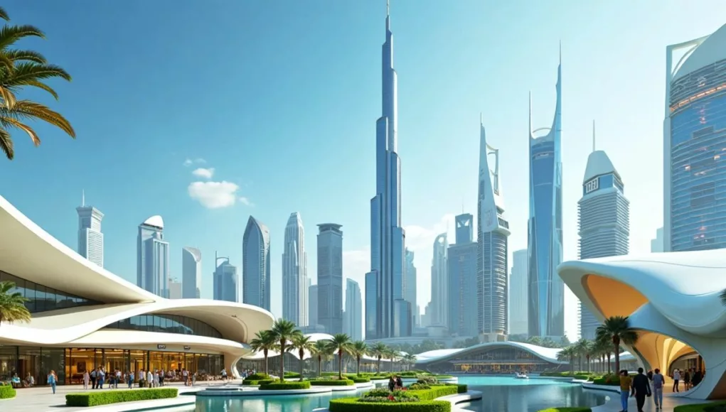 Futuristic UAE skyline with innovative architecture and greenery.