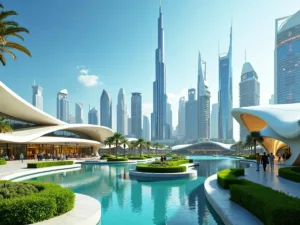 Futuristic UAE skyline with innovative architecture and greenery.