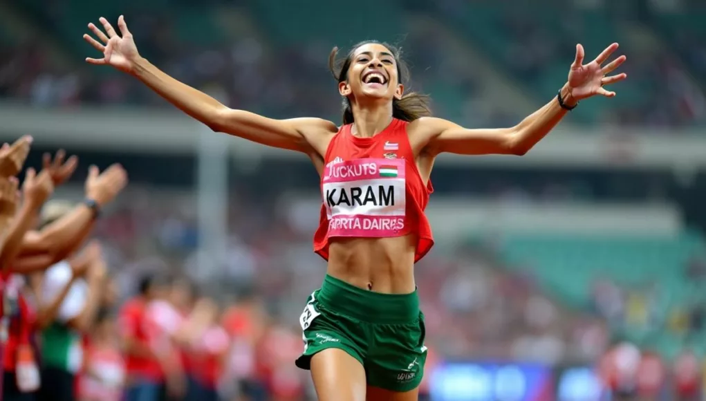 Maryam Karim celebrating gold medal win in athletics.