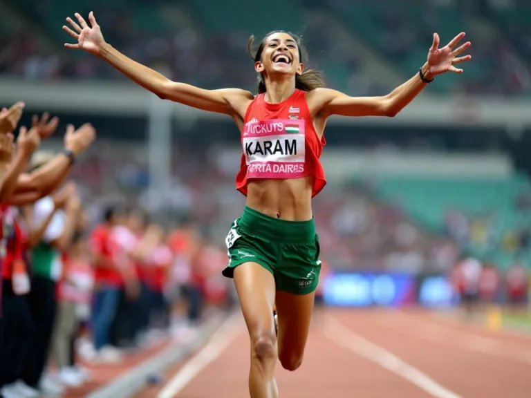 Maryam Karim celebrating gold medal win in athletics.