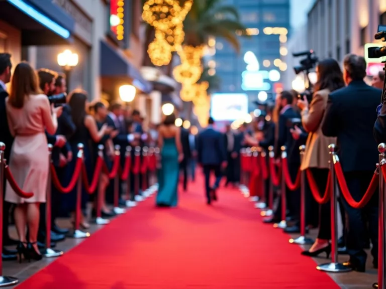 Red carpet movie premiere with flashing cameras