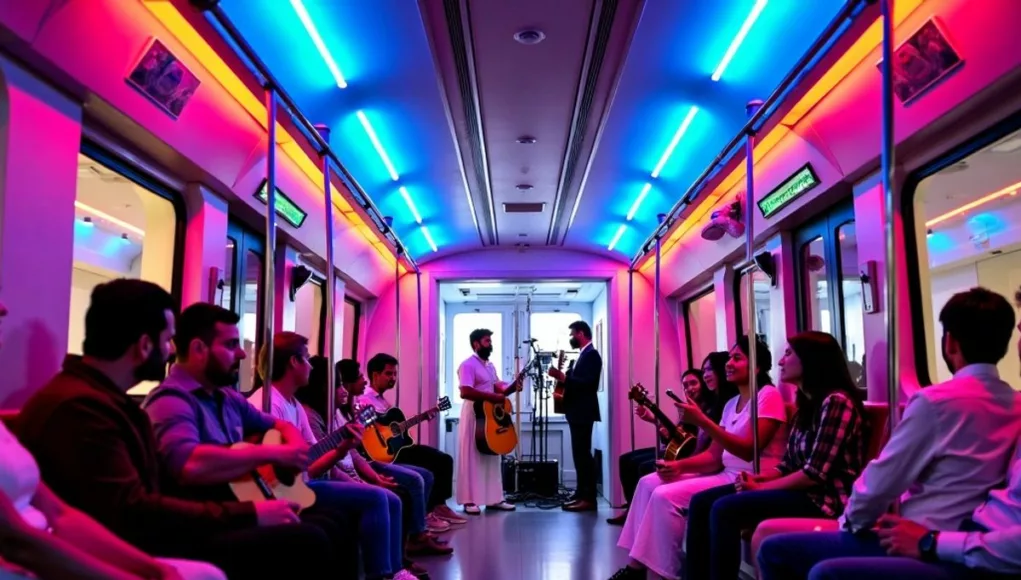 Dubai Metro train as a concert venue with performers.