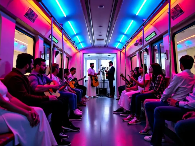 Dubai Metro train as a concert venue with performers.