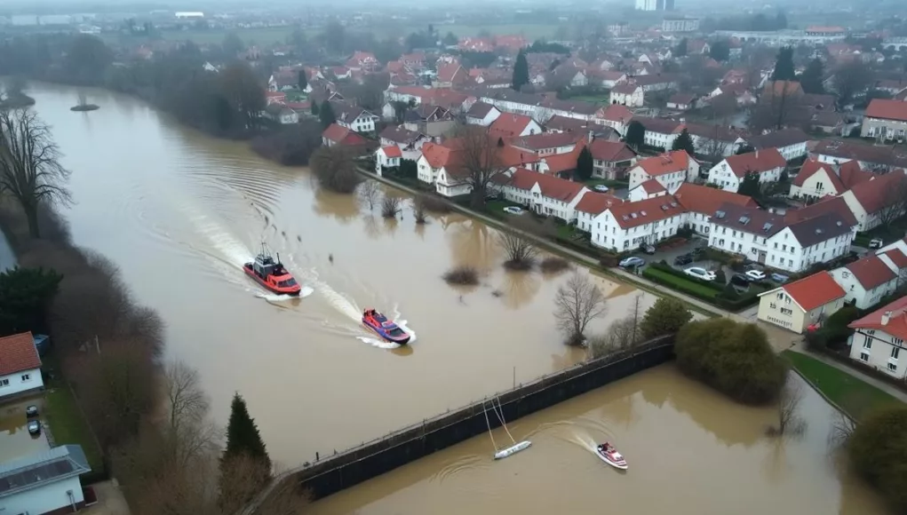 Aerial view of flooded towns with submerged buildings and boats.