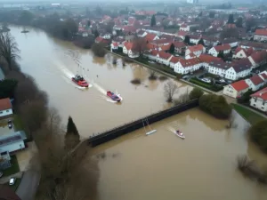 Aerial view of flooded towns with submerged buildings and boats.