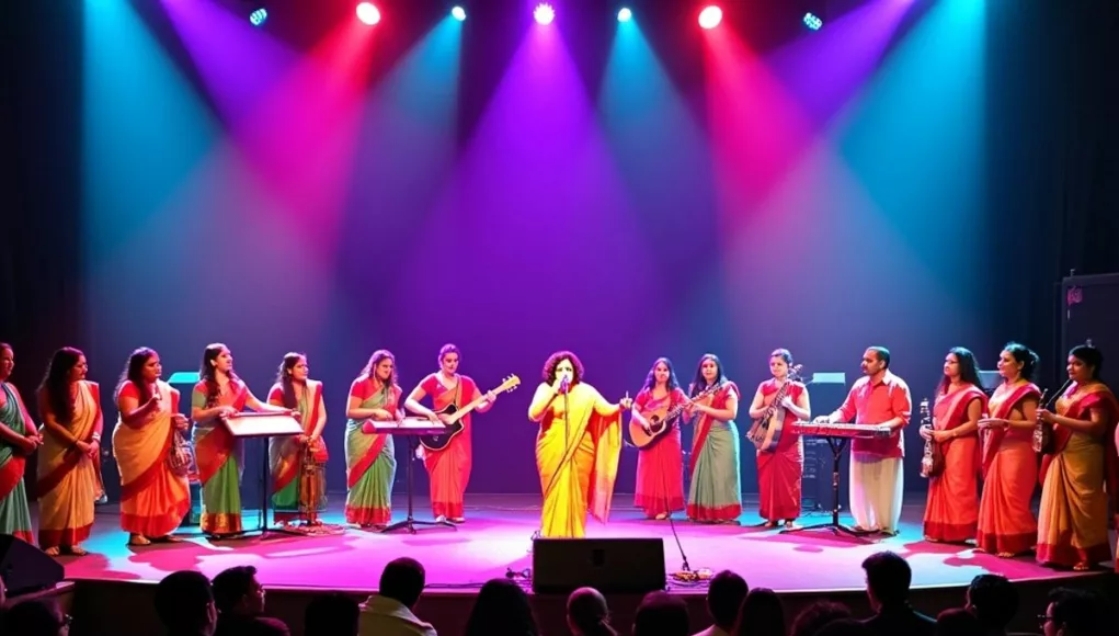 Shubha Mudgal performing with Malhaar artists on stage.