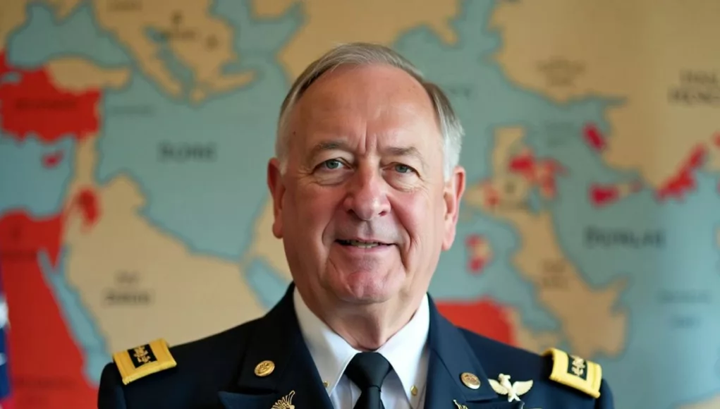 Military leader with map and flags in the background.