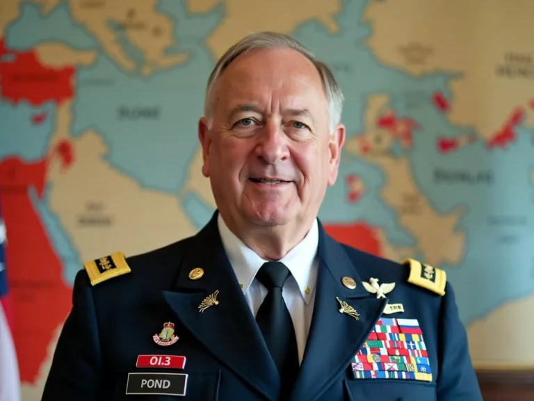 Military leader with map and flags in the background.