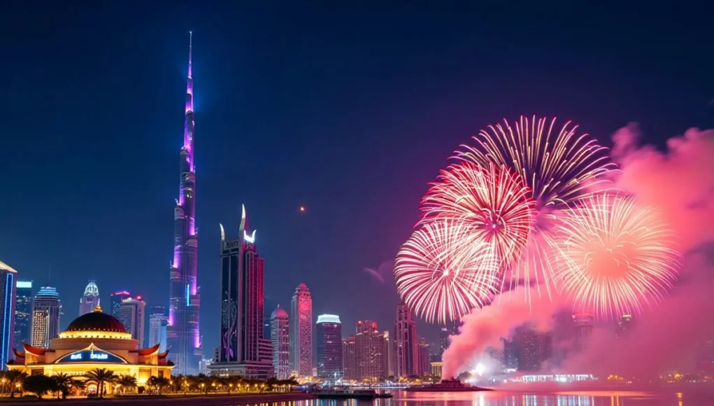 Dubai skyline with fireworks during Eid Al Adha.