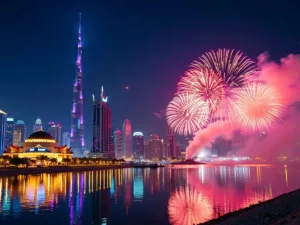 Dubai skyline with fireworks during Eid Al Adha.