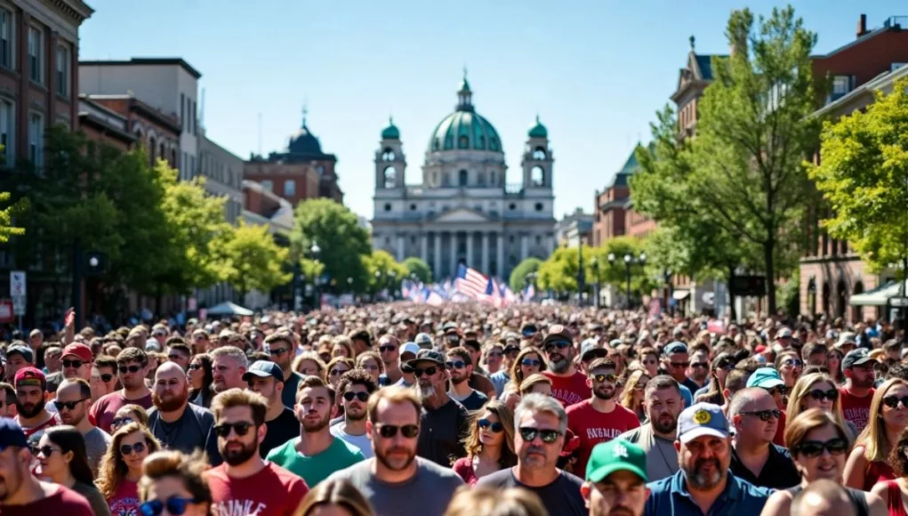 Crowd of diverse people marching together in unity.