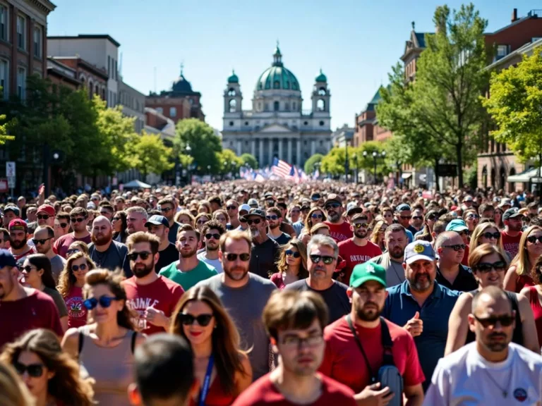 Crowd of diverse people marching together in unity.