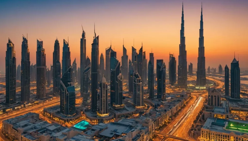 Dubai cityscape at sunset with festive decorations.