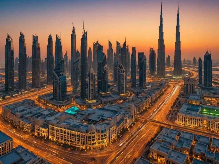 Dubai cityscape at sunset with festive decorations.