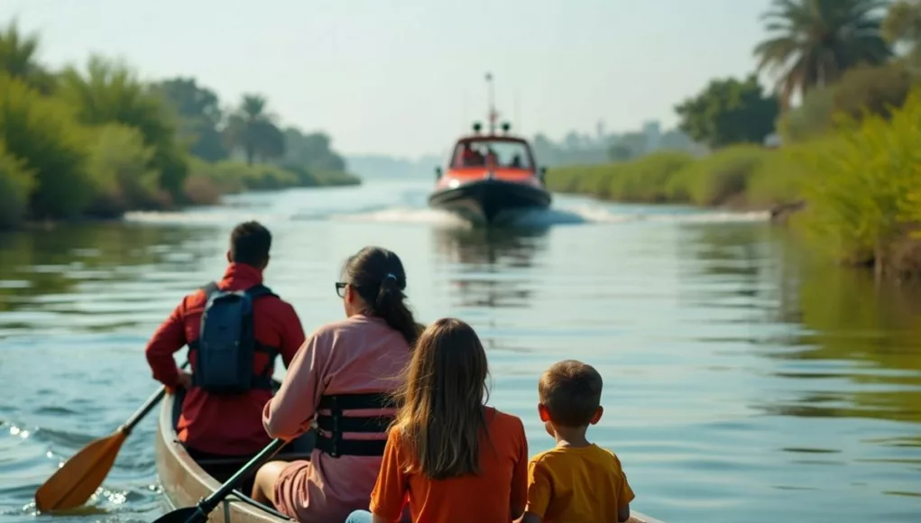 Family in canoe near Sharjah Creek, rescue boat approaching.