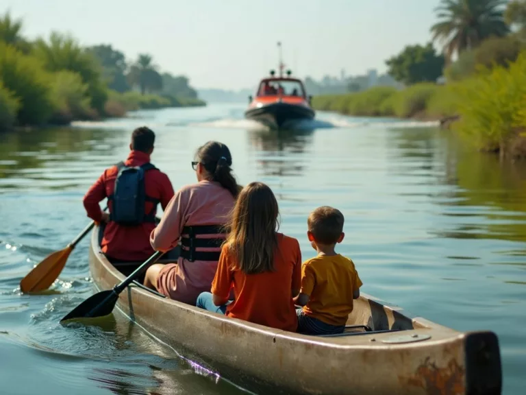 Family in canoe near Sharjah Creek, rescue boat approaching.