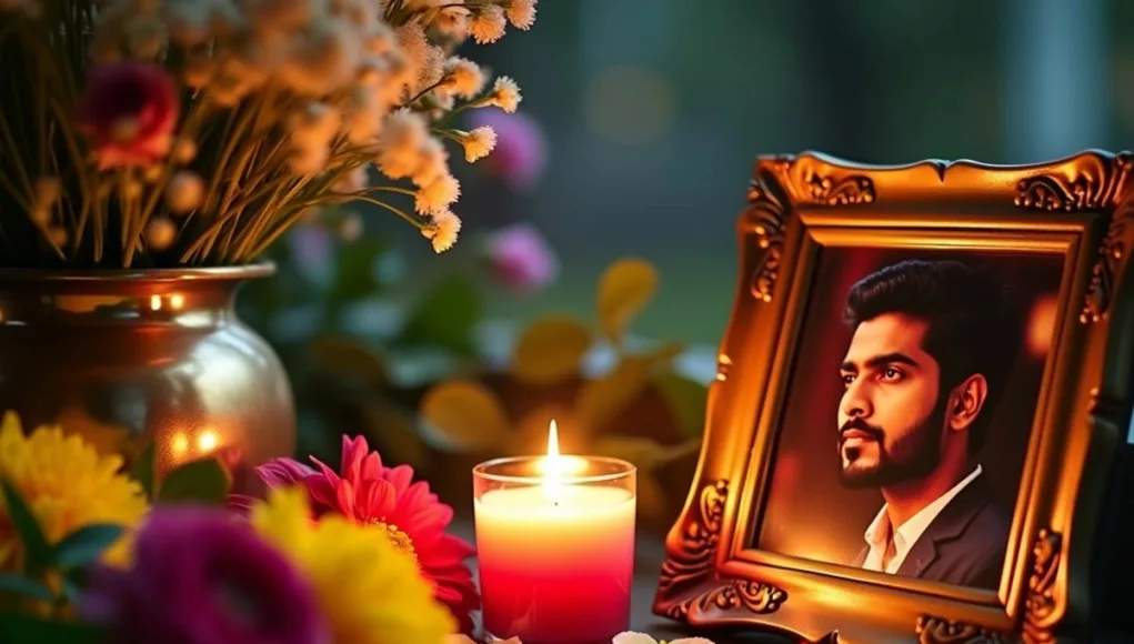 Candle and flowers honoring Vipin Reshammiya.