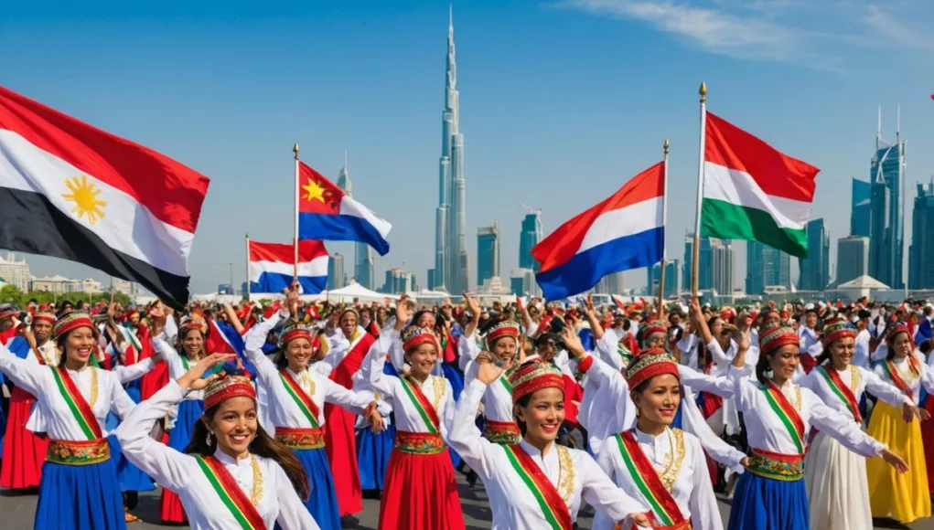 UAE and Philippine flags with traditional dancers.