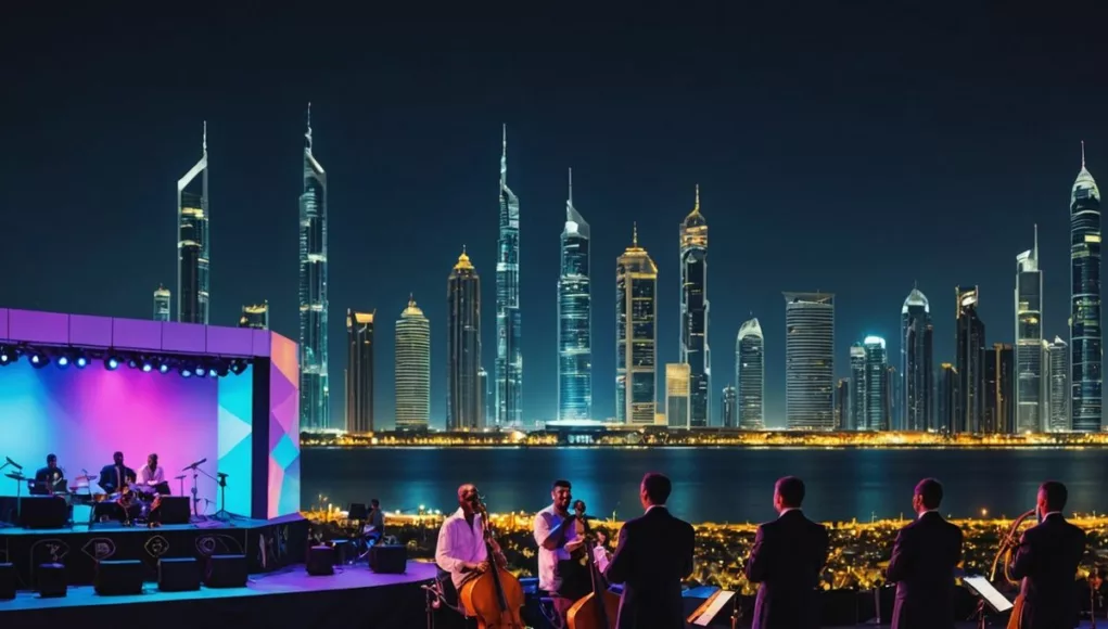 Jazz band on stage with Abu Dhabi skyline.