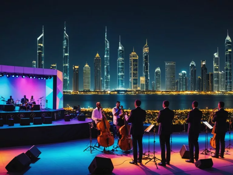 Jazz band on stage with Abu Dhabi skyline.