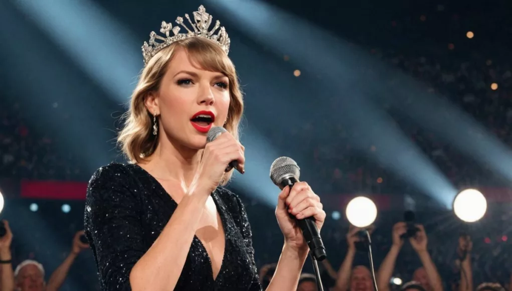 Taylor Swift crowned, holding microphone on stage.