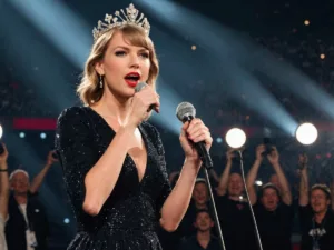 Taylor Swift crowned, holding microphone on stage.