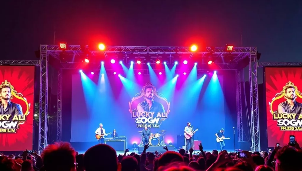 Lucky Ali performing on stage with colorful lights.