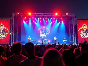 Lucky Ali performing on stage with colorful lights.