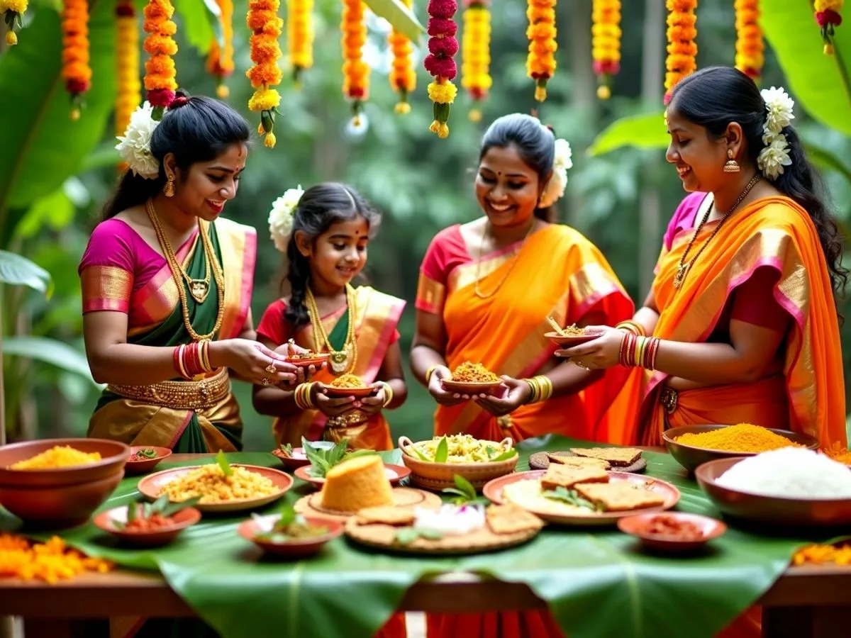 Colorful Onam celebration with traditional attire and feast.