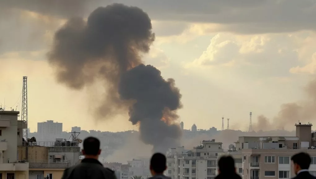 Smoke billowing from buildings in Gaza after an explosion.