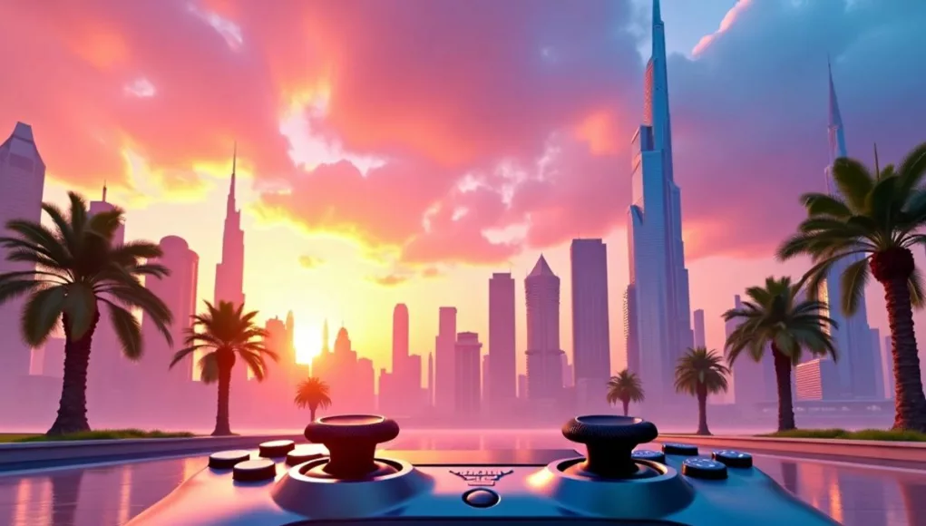 Dubai skyline with gaming controller overlay at sunset.