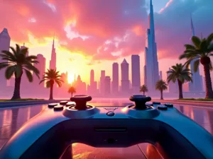 Dubai skyline with gaming controller overlay at sunset.