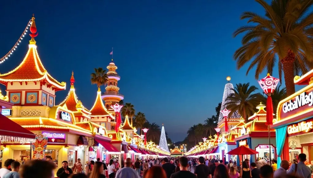 Crowds enjoying Global Village at night with colorful lights.