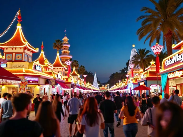 Crowds enjoying Global Village at night with colorful lights.