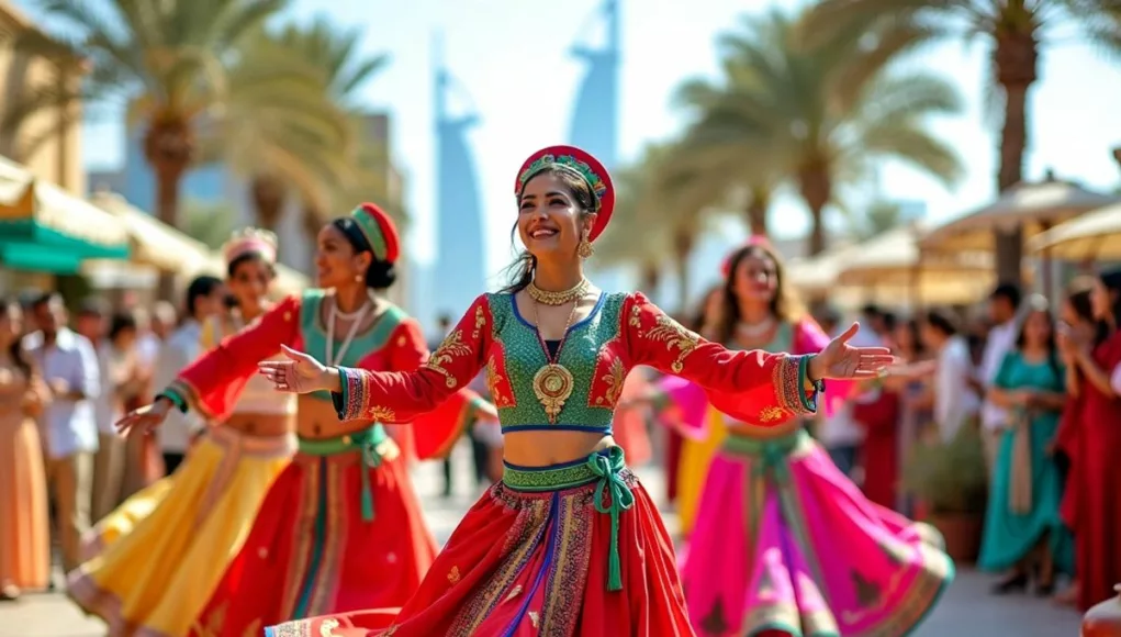 Emirati dancers in colorful attire with Abu Dhabi skyline.