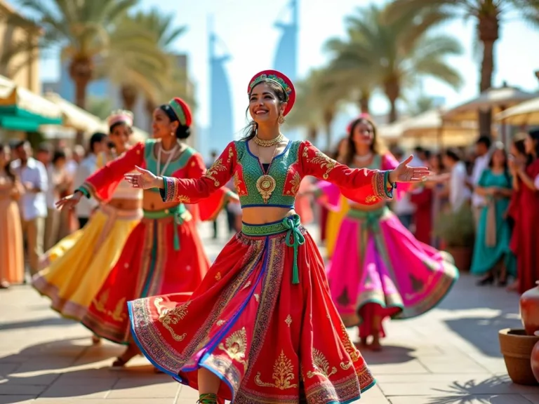 Emirati dancers in colorful attire with Abu Dhabi skyline.