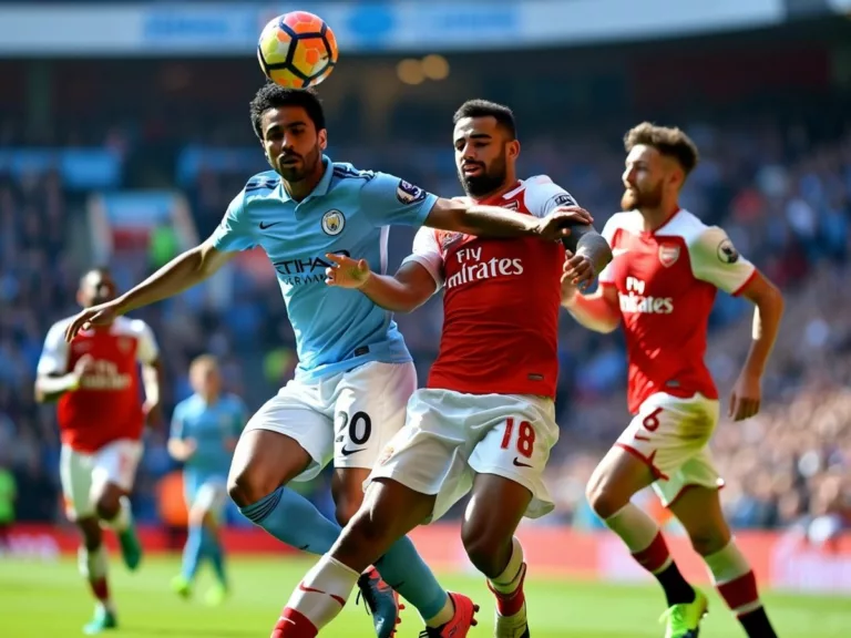 Soccer players battling for the ball in a stadium.