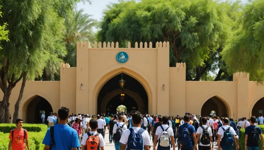 Students entering Al Ain Zoo with animals in background.