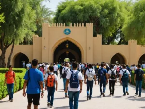 Students entering Al Ain Zoo with animals in background.