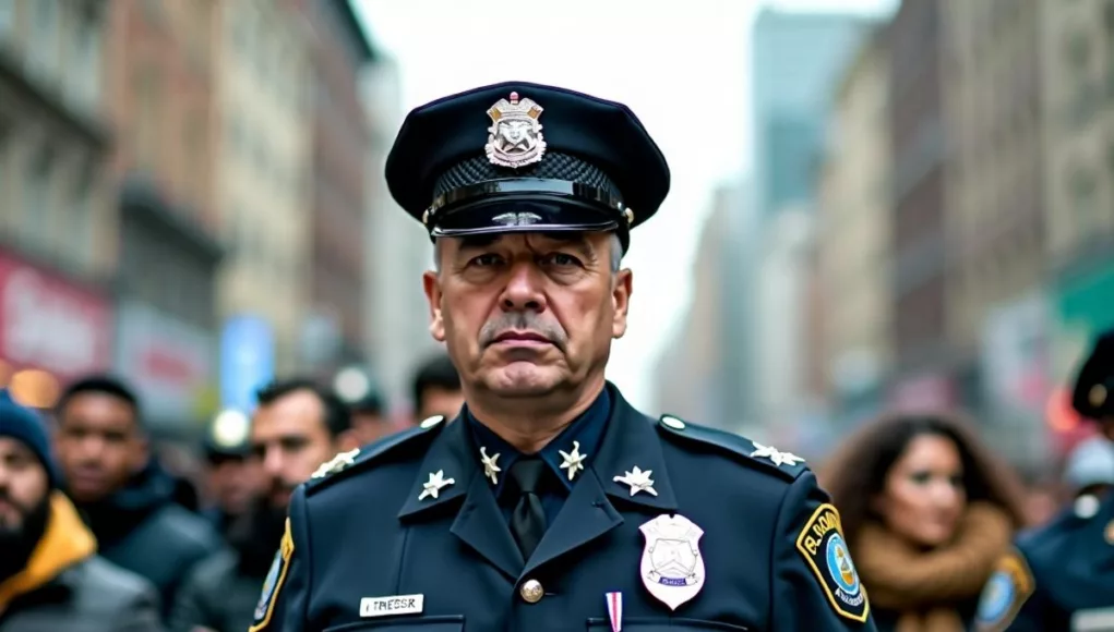 Police chief amid crowd, cityscape in background.