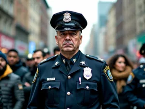 Police chief amid crowd, cityscape in background.