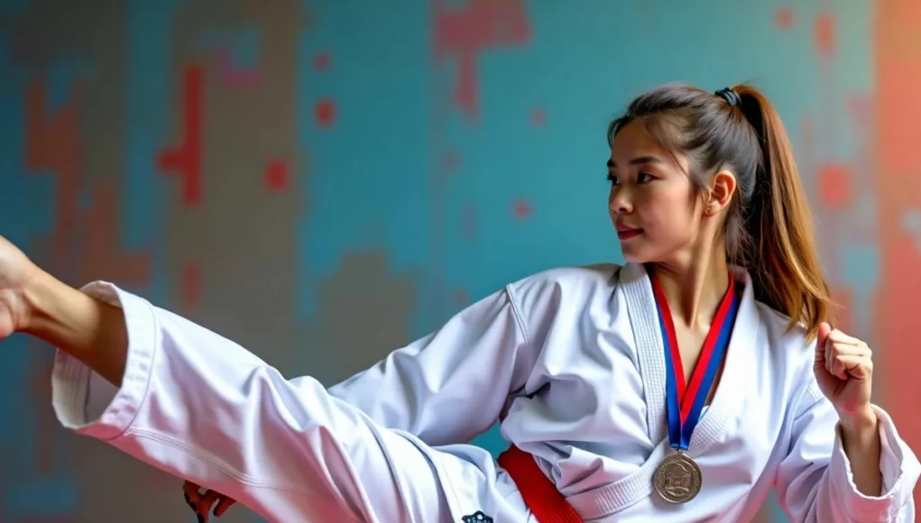 Female karate player with silver medal executing a high kick.