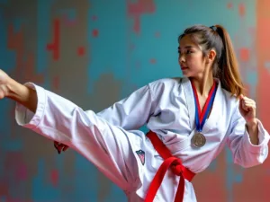 Female karate player with silver medal executing a high kick.