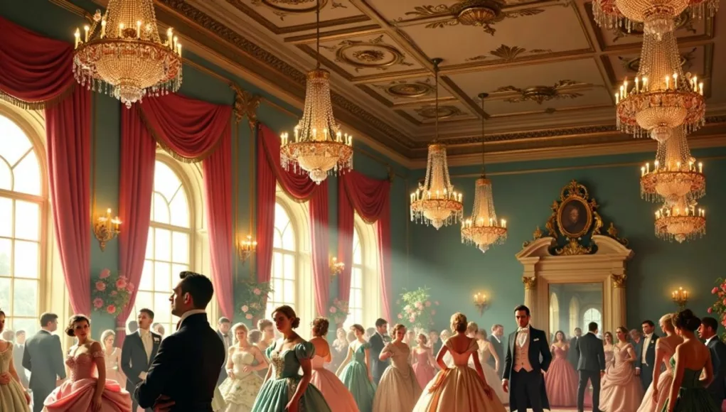 Regency-era ballroom with elegantly dressed characters and chandeliers.