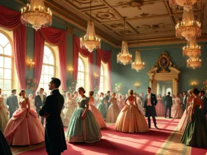 Regency-era ballroom with elegantly dressed characters and chandeliers.